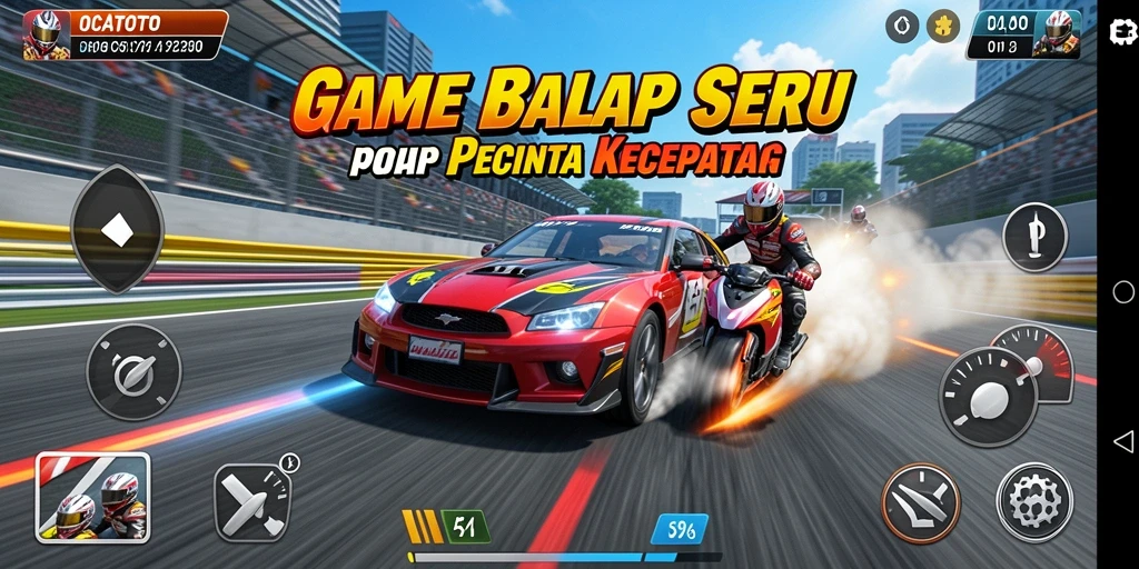 Screenshot gameplay OCATOTO dengan mobil balap yang cepat di trek menantang.